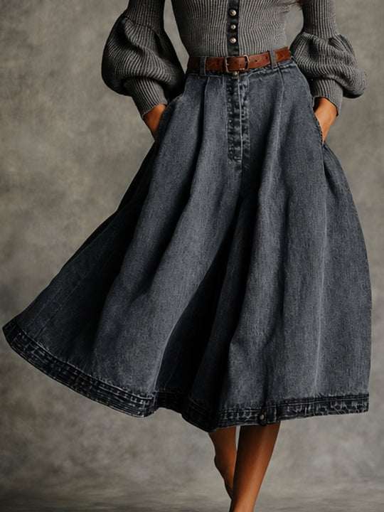 Grey Ribbed Knit Denim Midi Dress