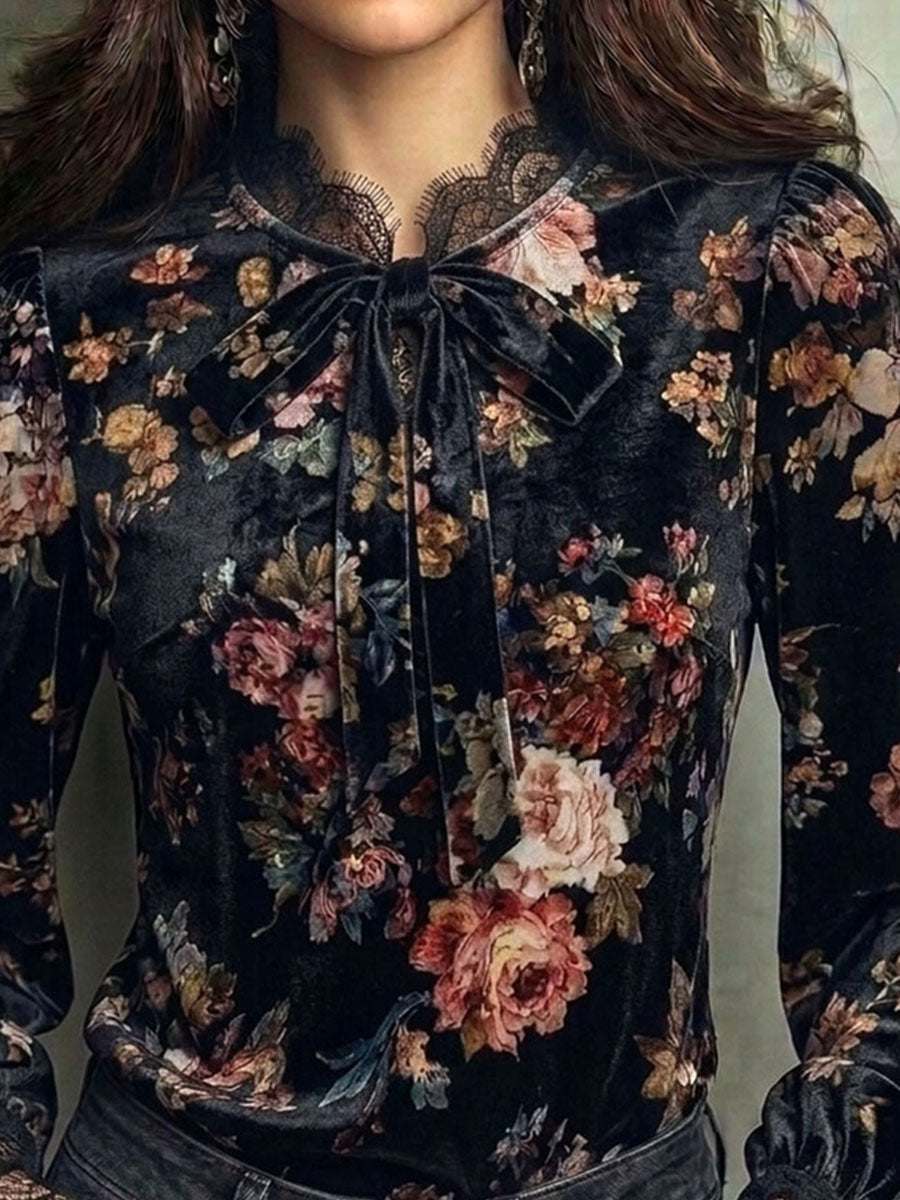 Retro Floral Velvet Bow Neck Lace Cuff Long Sleeve Blouse