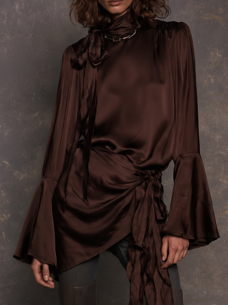 Chocolate Satin Tie-Neck Draped Blouse