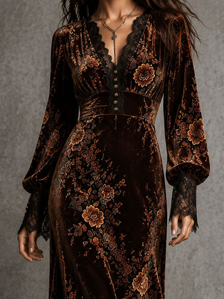 Vintage Velvet Floral Lace V Neck Puff Sleeve Evening Dress