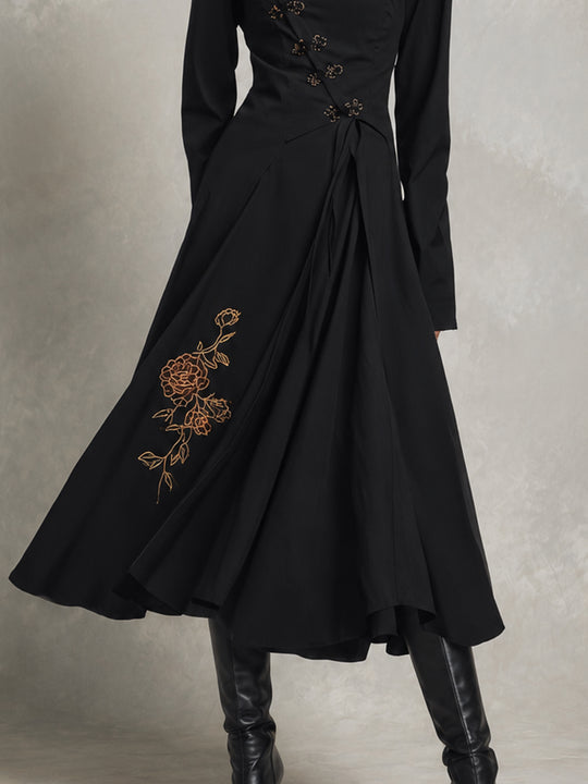 Black Mandarin Collar Embroidered Midi Dress