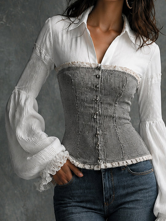 Faux Two-Piece Shirt And Ribbed Corset Top