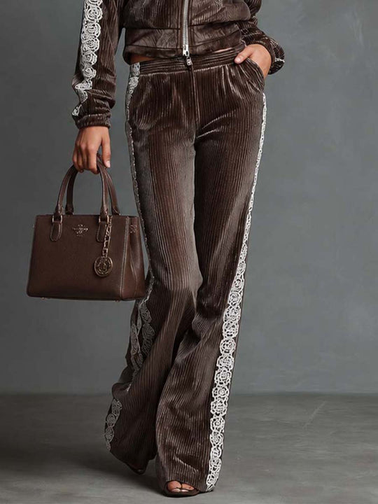 Vintage Vertical Striped Velvet Tracksuit Set Stand Collar Zip Crop Jacket Lace Side Wide Flare Pants Casual Two Piece Outfit