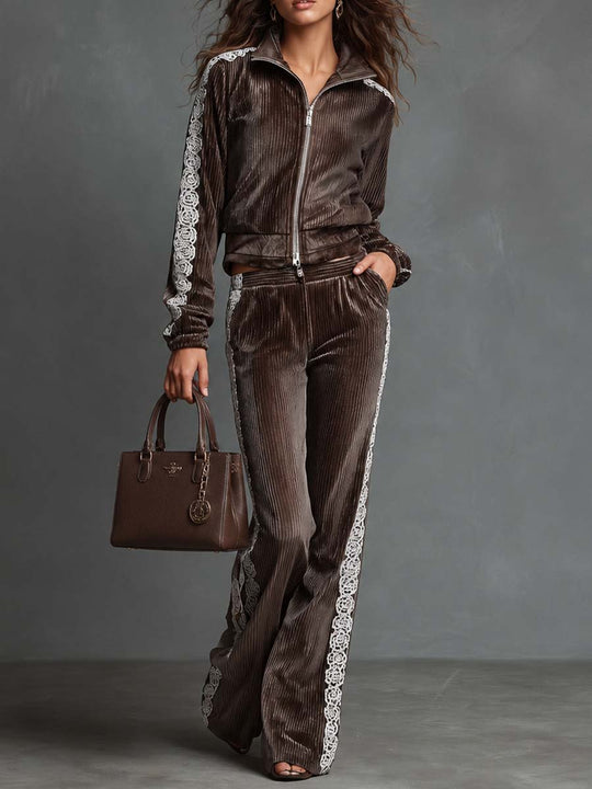 Vintage Vertical Striped Velvet Tracksuit Set Stand Collar Zip Crop Jacket Lace Side Wide Flare Pants Casual Two Piece Outfit