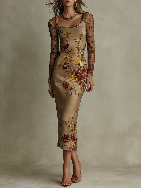 Vintage Floral Satin & Sheer Lace-Sleeve Midi Dress
