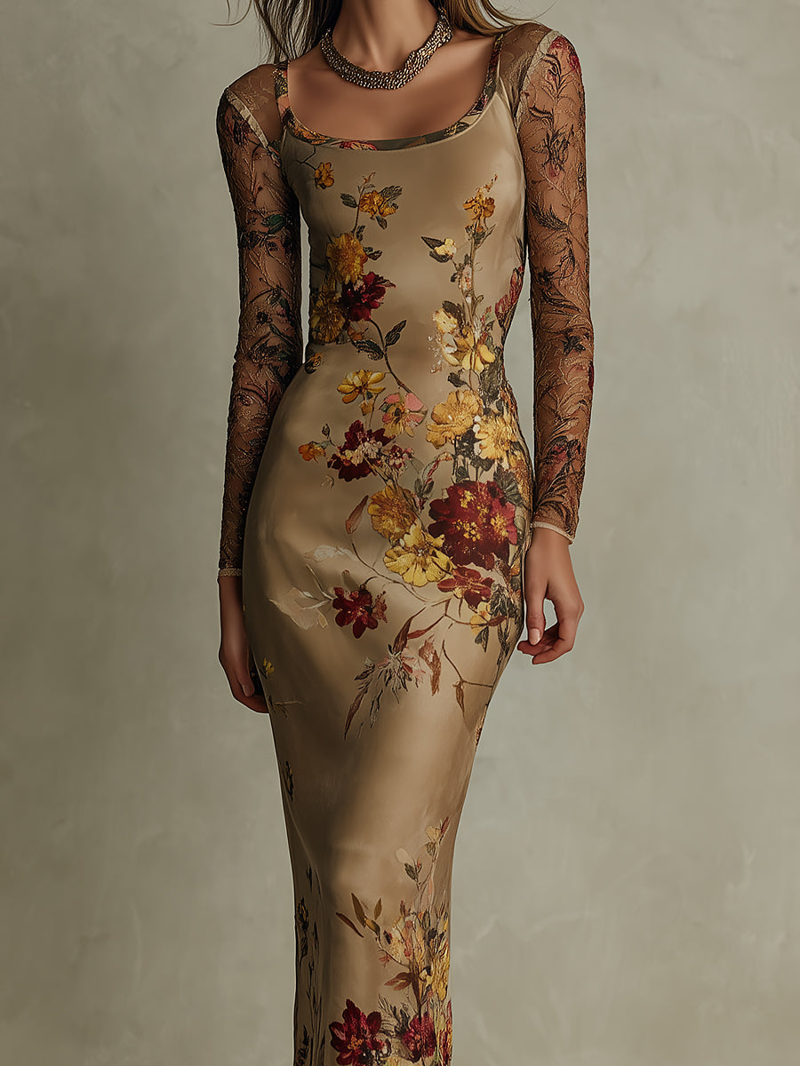 Vintage Floral Satin & Sheer Lace-Sleeve Midi Dress