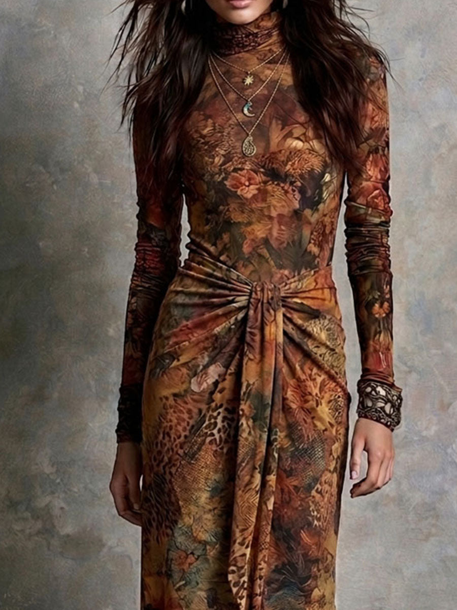 Vintage Fall Floral Leopard Knotted Waist High Neck Maxi Dress