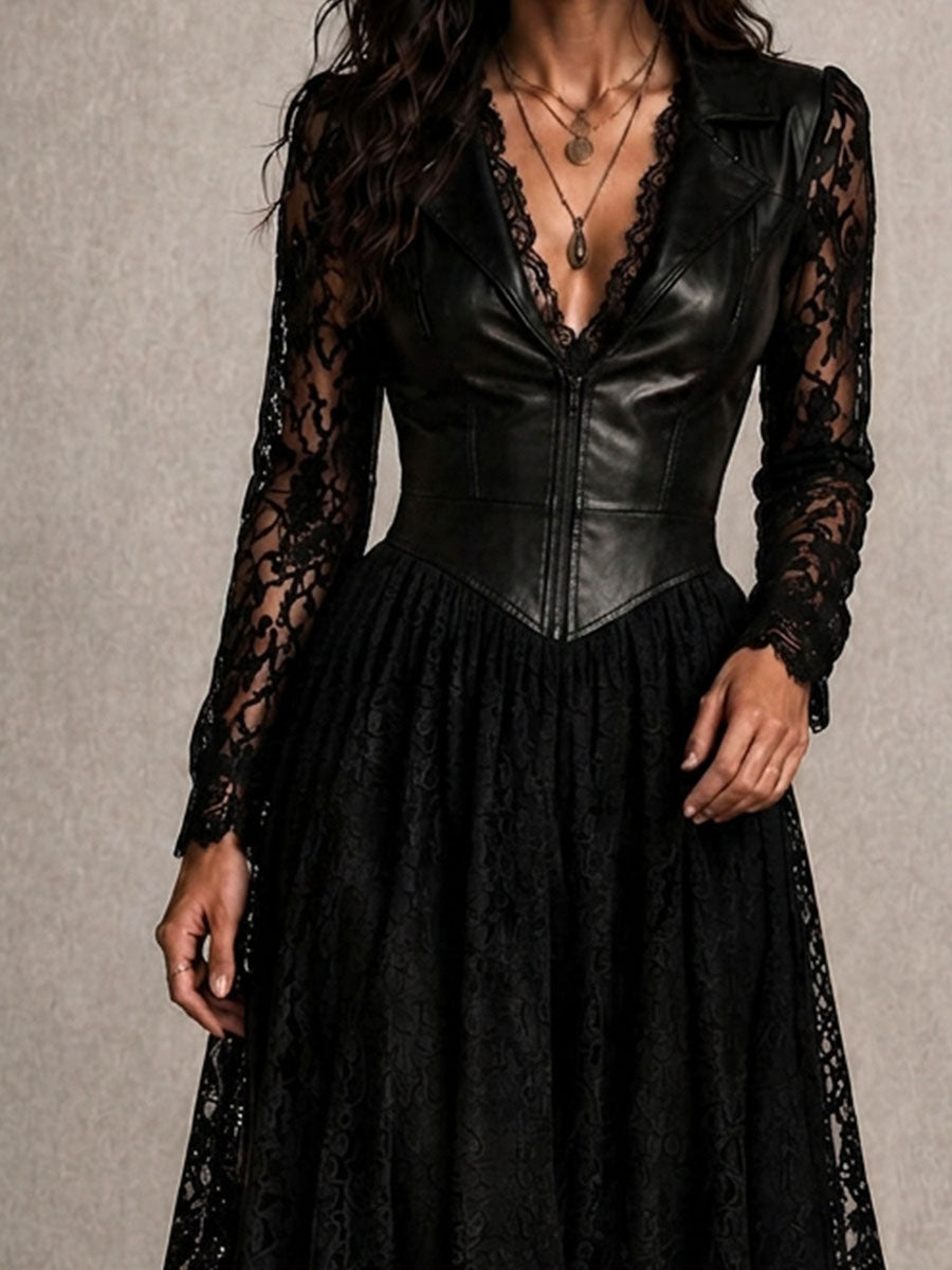 Retro Gothic Spliced Faux Leather Lace Lapel Midi Dress