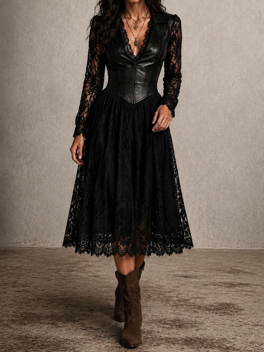 Retro Gothic Spliced Faux Leather Lace Lapel Midi Dress