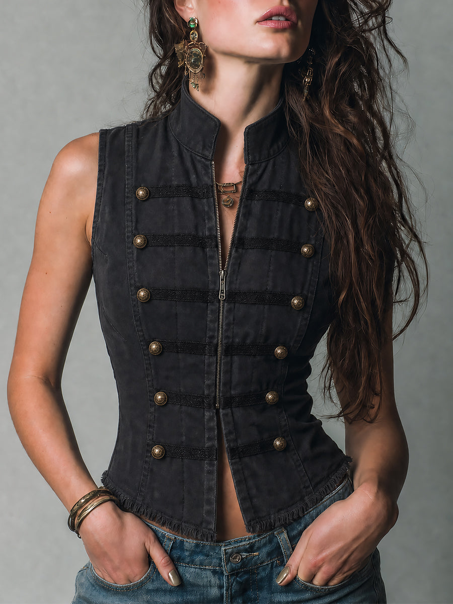 Vintage Military Double-Breasted Washed Black Denim Vest