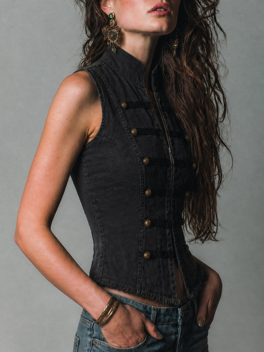 Vintage Military Double-Breasted Washed Black Denim Vest