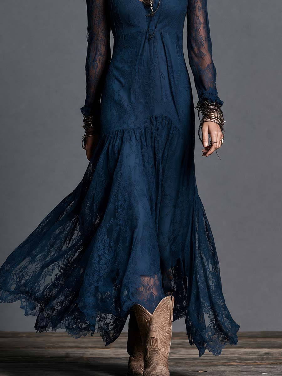 Boho Navy Lace High Neck Tiered Maxi Dress