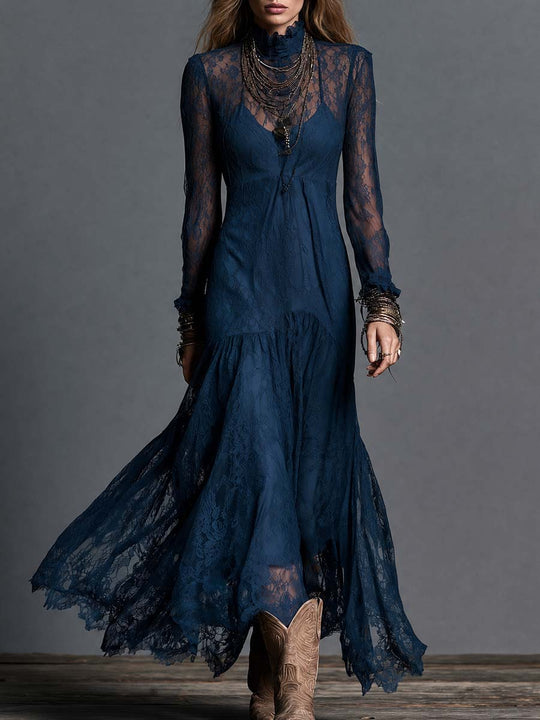Boho Navy Lace High Neck Tiered Maxi Dress