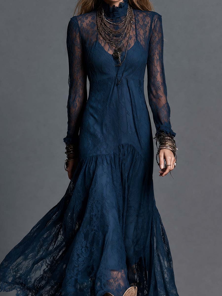 Boho Navy Lace High Neck Tiered Maxi Dress