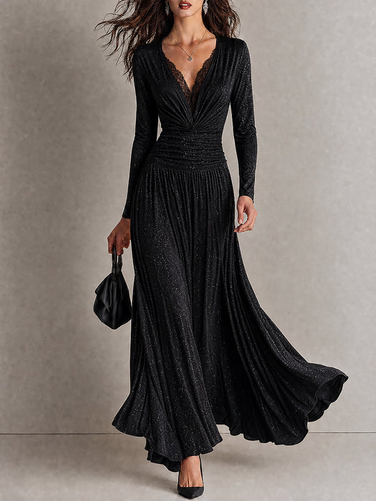 Vintage Lace Trim Shiny Maxi Dress With Pleated Waist