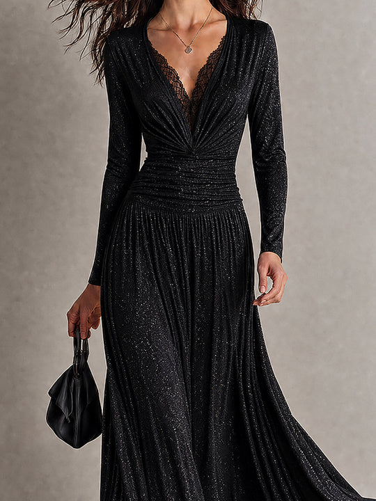 Vintage Lace Trim Shiny Maxi Dress With Pleated Waist