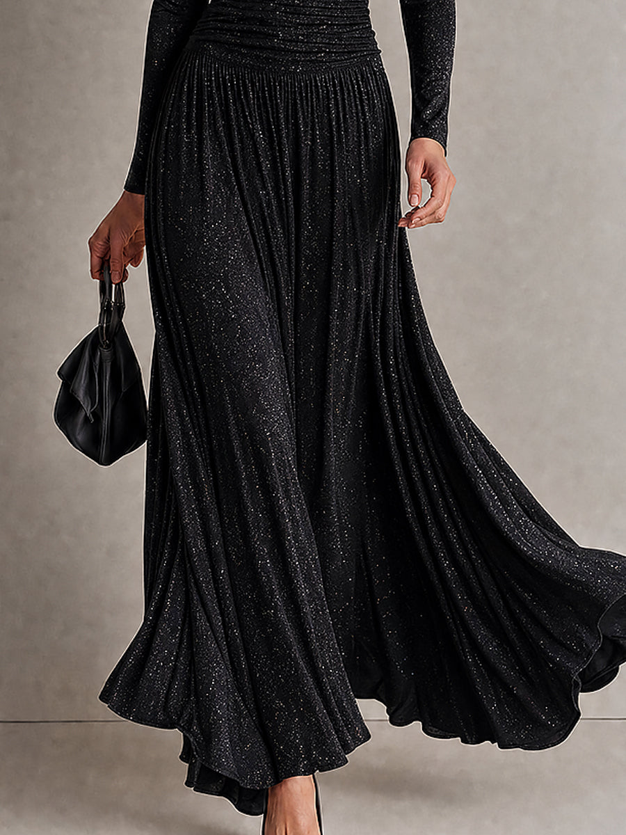 Vintage Lace Trim Shiny Maxi Dress With Pleated Waist