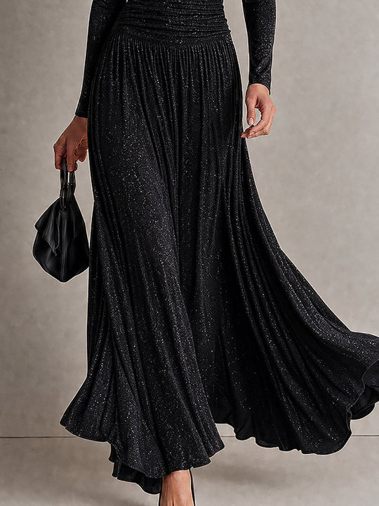 Vintage Lace Trim Shiny Maxi Dress With Pleated Waist