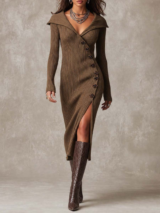 Vintage Wide Lapel V Neck Wrap Side Button Slit Vertical Ribbed Knit Midi Dress