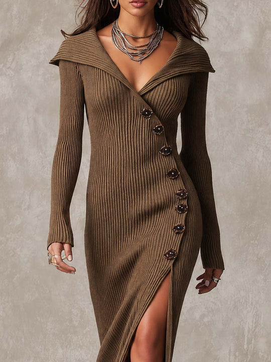 Vintage Wide Lapel V Neck Wrap Side Button Slit Vertical Ribbed Knit Midi Dress