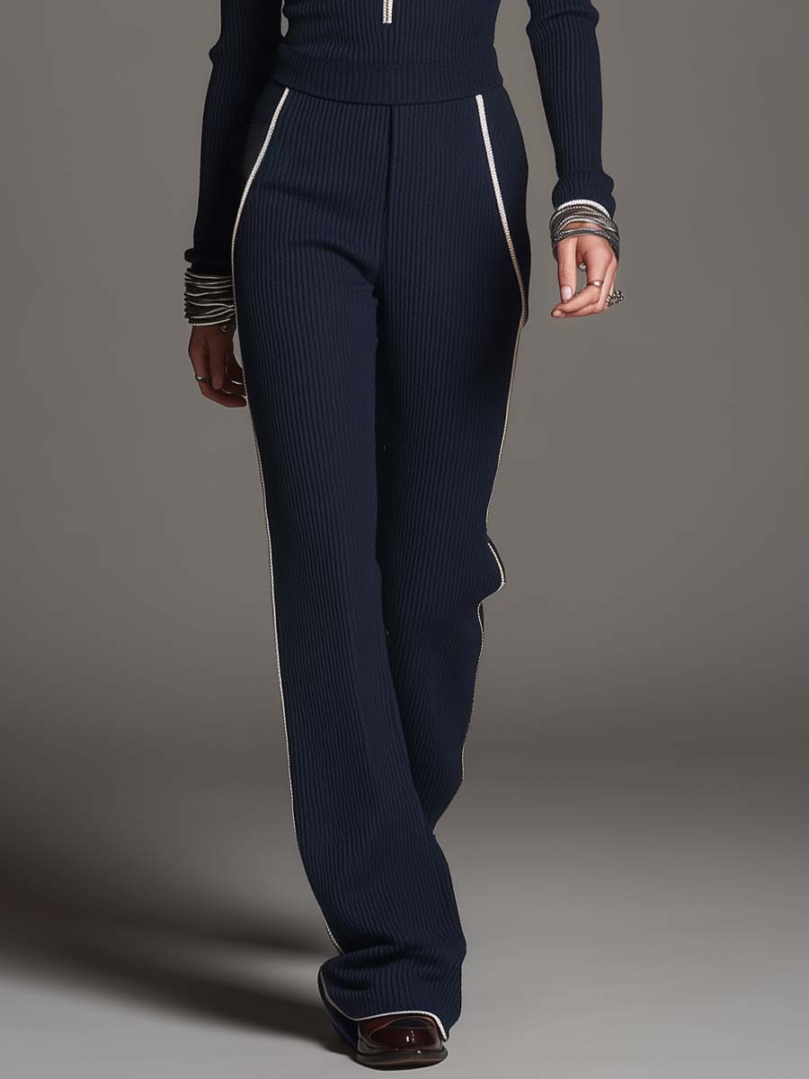 Zip Collar Long Sleeve Ribbed Knit Crop Top And Side White Piping Flared Pants Two Piece Set