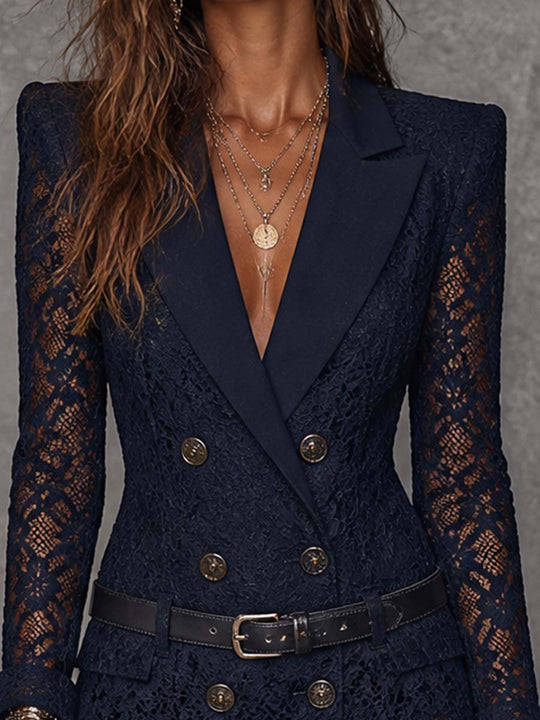 Double Breasted Notched Lapel Long Sleeve Navy Floral Lace Blazer Mini Dress With Belt