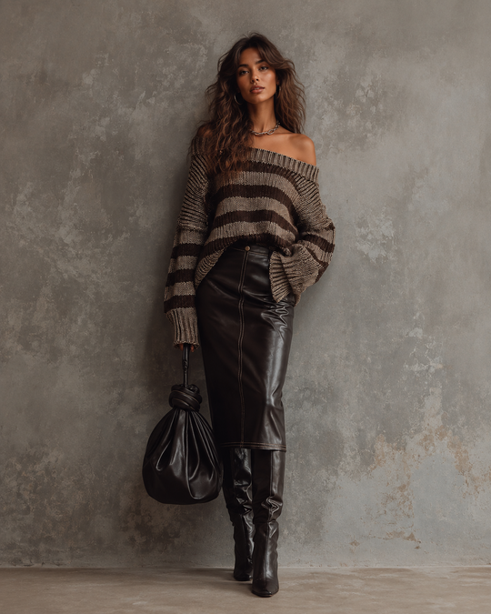 Retro color-blocking Off-Shoulder Striped Chunky Knit Sweater