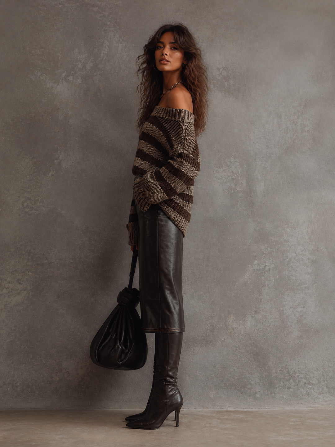 Retro color-blocking Off-Shoulder Striped Chunky Knit Sweater