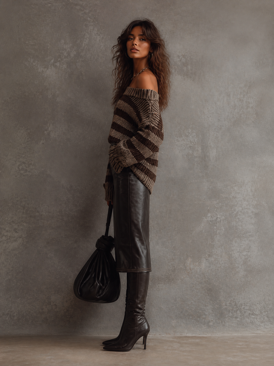Retro color-blocking Off-Shoulder Striped Chunky Knit Sweater