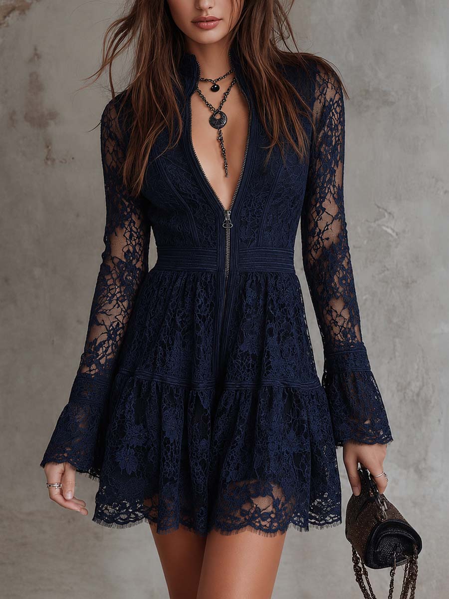 Vintage Zip-Neck Lace Flare Mini Dress