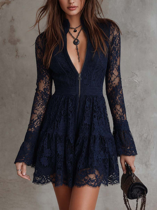 Vintage Zip-Neck Lace Flare Mini Dress