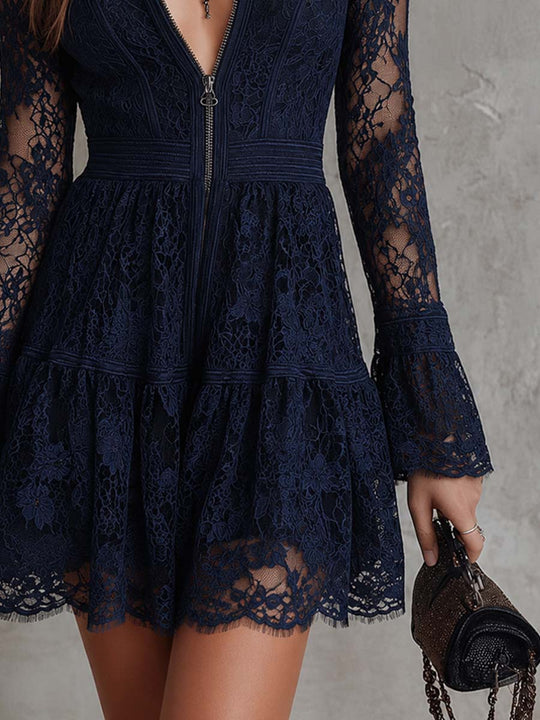 Vintage Zip-Neck Lace Flare Mini Dress