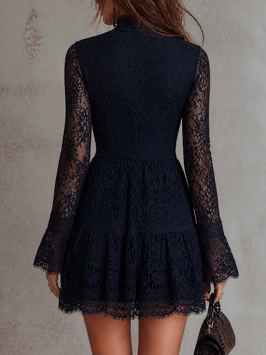 Vintage Zip-Neck Lace Flare Mini Dress