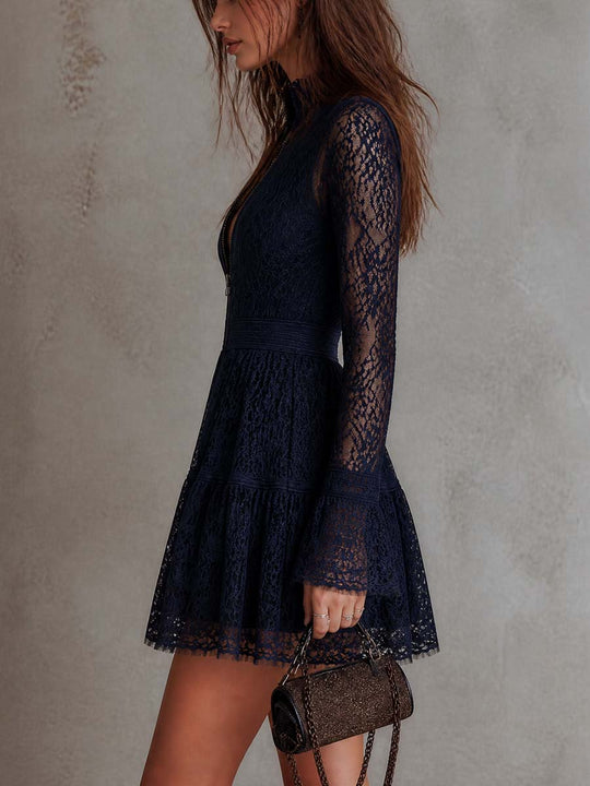 Vintage Zip-Neck Lace Flare Mini Dress
