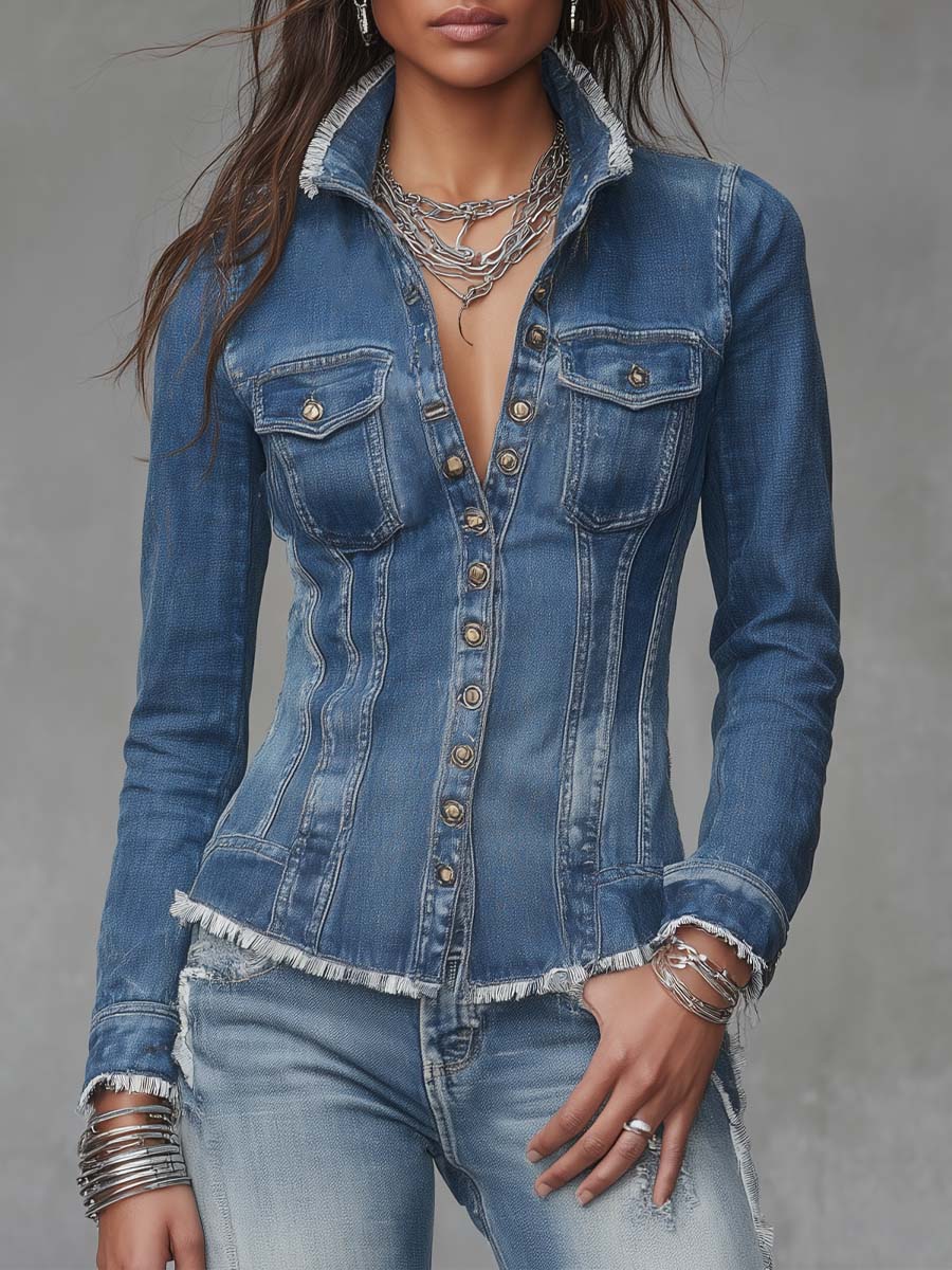Classic Retro Fitted Frayed-Edge Denim Shirt Jacket with Button Front