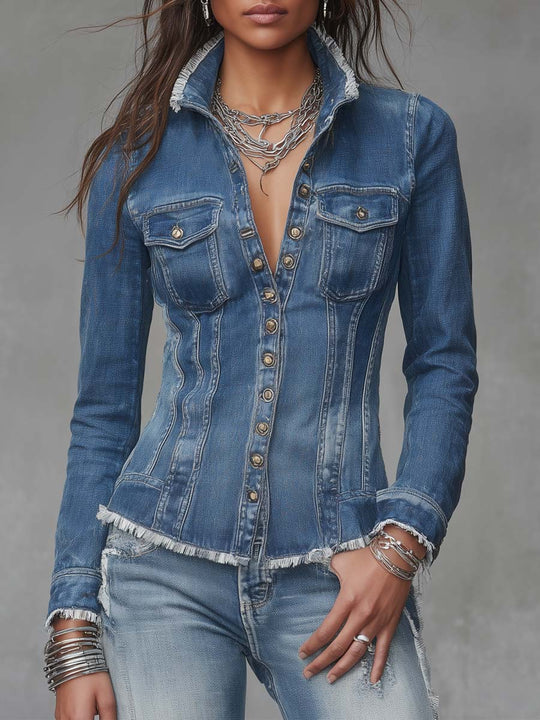 Classic Retro Fitted Frayed-Edge Denim Shirt Jacket with Button Front
