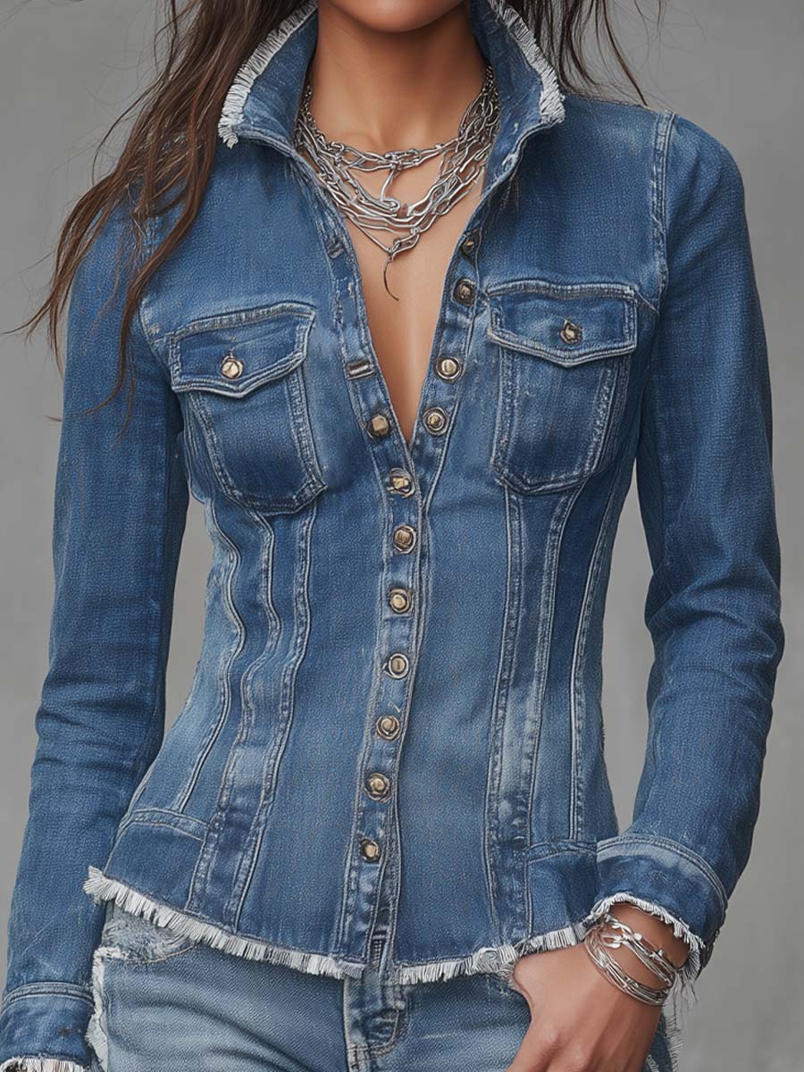 Classic Retro Fitted Frayed-Edge Denim Shirt Jacket with Button Front