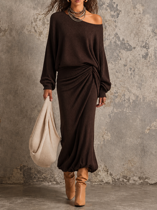 Vintage Ribbed Knit One-Shoulder Batwing Sleeve Ruched Midi Dress