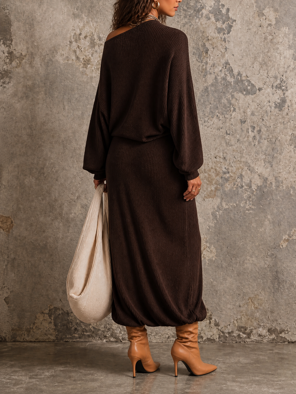 Vintage Ribbed Knit One-Shoulder Batwing Sleeve Ruched Midi Dress