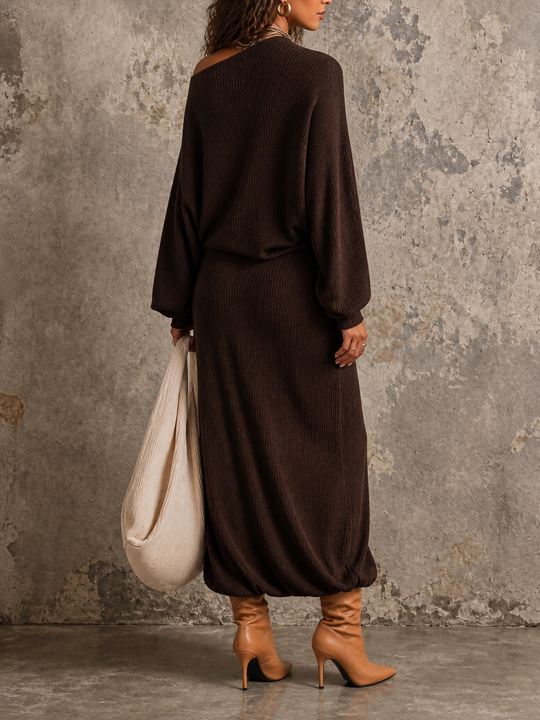 Vintage Ribbed Knit One-Shoulder Batwing Sleeve Ruched Midi Dress