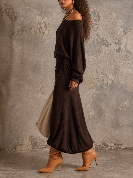 Vintage Ribbed Knit One-Shoulder Batwing Sleeve Ruched Midi Dress