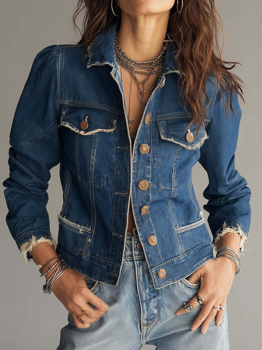 Classic Retro Distressed Frayed Denim Jacket with Vintage Buttons
