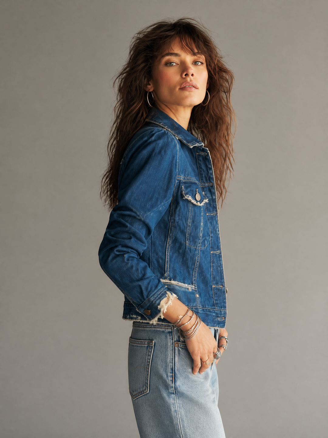 Classic Retro Distressed Frayed Denim Jacket with Vintage Buttons