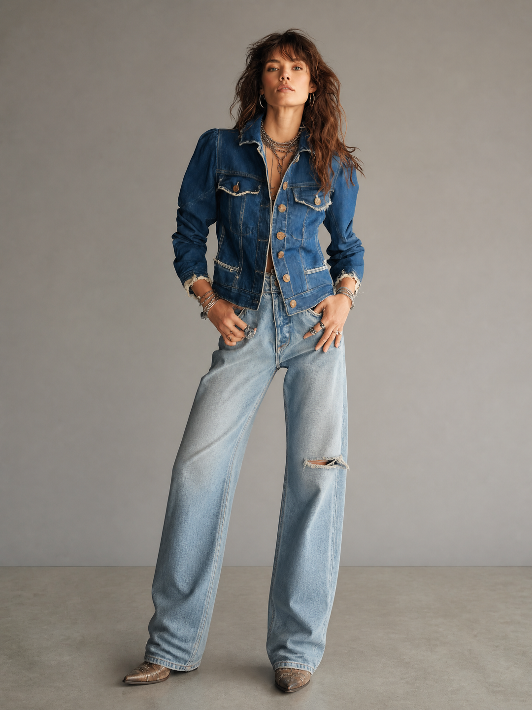 Classic Retro Distressed Frayed Denim Jacket with Vintage Buttons