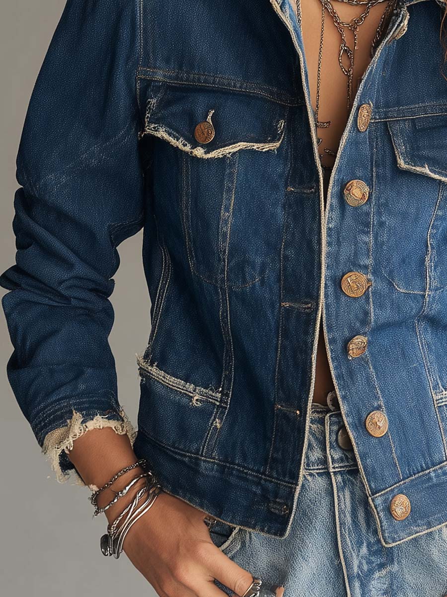 Classic Retro Distressed Frayed Denim Jacket with Vintage Buttons