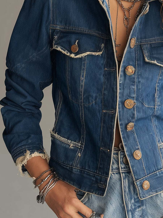 Classic Retro Distressed Frayed Denim Jacket with Vintage Buttons
