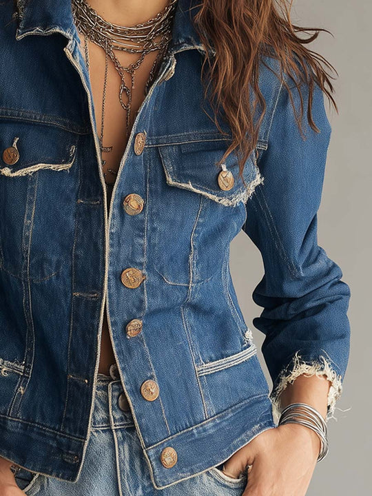 Classic Retro Distressed Frayed Denim Jacket with Vintage Buttons