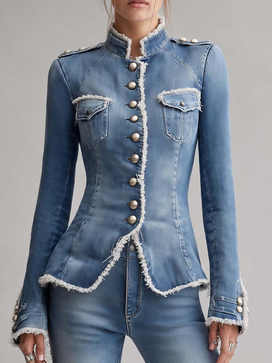 Vintage Slim Fit Military Style Denim Jacket with Frayed Trim and Button Front