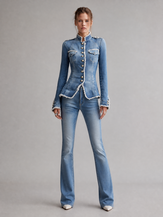 Vintage Slim Fit Military Style Denim Jacket with Frayed Trim and Button Front