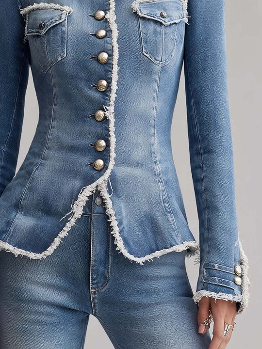 Vintage Slim Fit Military Style Denim Jacket with Frayed Trim and Button Front